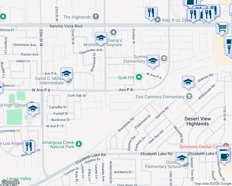 map of restaurants, bars, coffee shops, grocery stores, and more near 1863 Andrea Drive in Palmdale