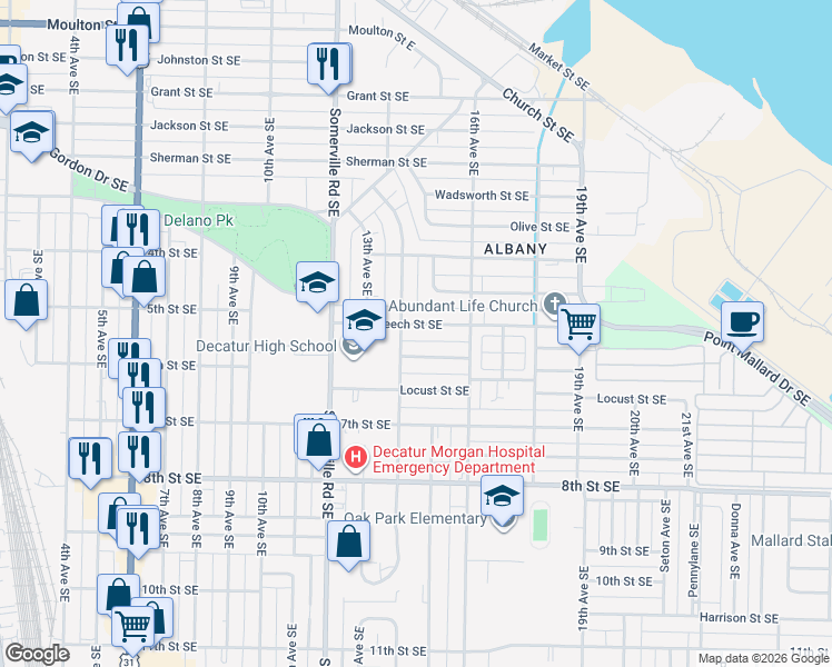 map of restaurants, bars, coffee shops, grocery stores, and more near 1306 Beech Street Southeast in Decatur