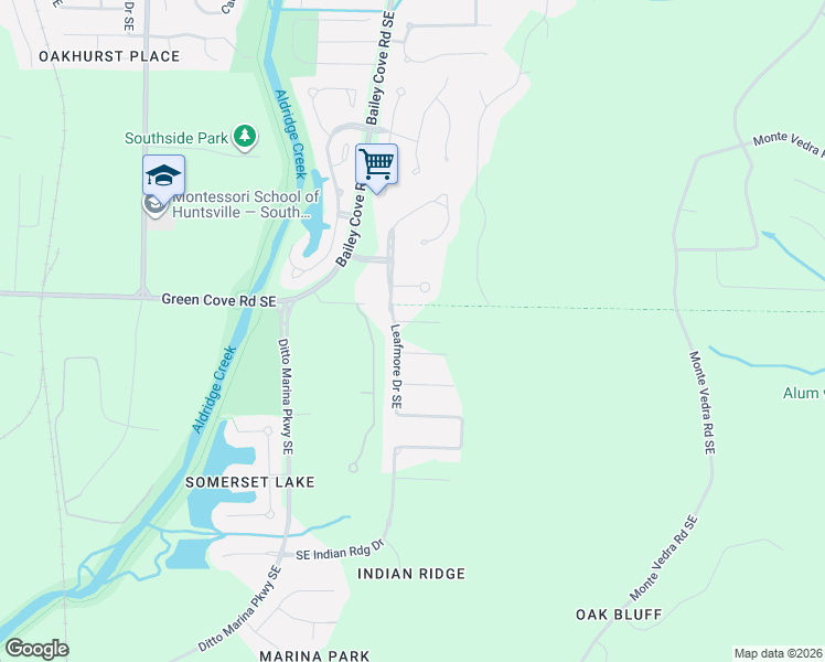 map of restaurants, bars, coffee shops, grocery stores, and more near 1306 Leafmore Circle Southeast in Huntsville