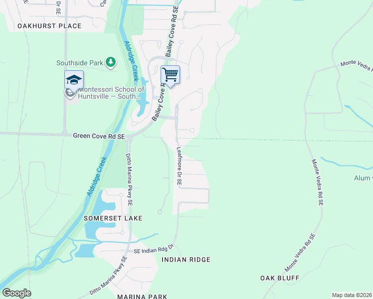 map of restaurants, bars, coffee shops, grocery stores, and more near 1306 Leafmore Circle Southeast in Huntsville