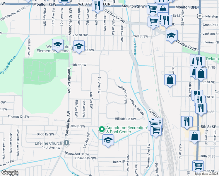 map of restaurants, bars, coffee shops, grocery stores, and more near 913 Wildwood Road Southwest in Decatur