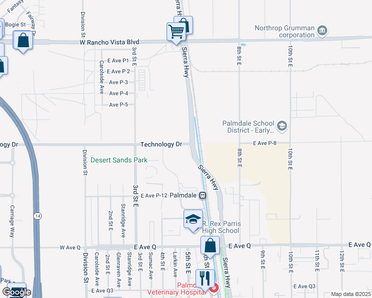 map of restaurants, bars, coffee shops, grocery stores, and more near 2 Sierra Highway in Palmdale