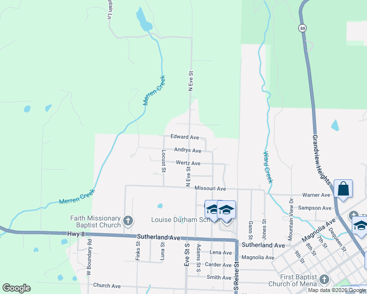 map of restaurants, bars, coffee shops, grocery stores, and more near 810 Eve Street North in Mena