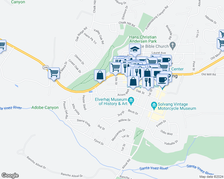 map of restaurants, bars, coffee shops, grocery stores, and more near 1495 Aarhus Drive in Solvang