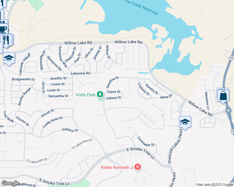 map of restaurants, bars, coffee shops, grocery stores, and more near 1710 Claire Street in Prescott
