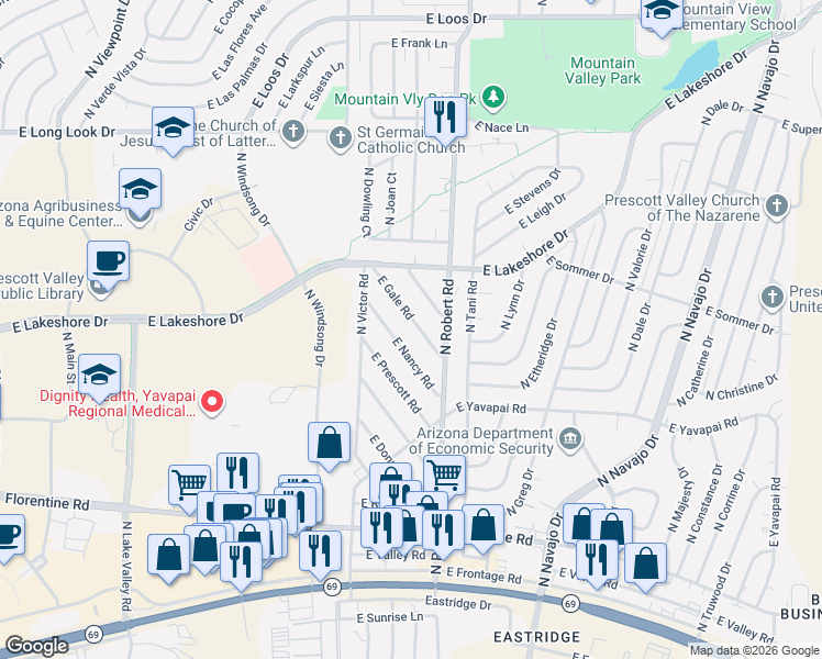 map of restaurants, bars, coffee shops, grocery stores, and more near 8115 East Gale Road in Prescott Valley