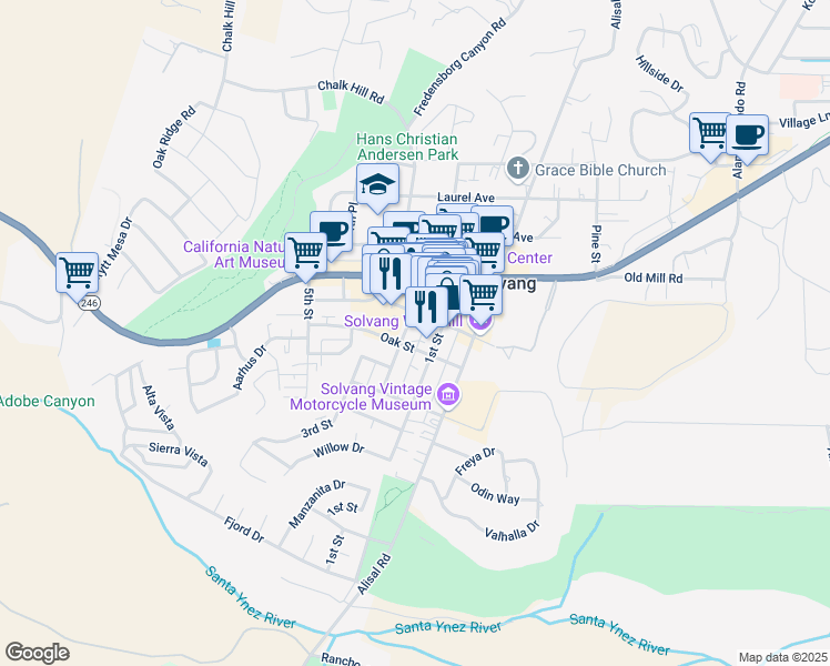 map of restaurants, bars, coffee shops, grocery stores, and more near 420 2nd Street in Solvang