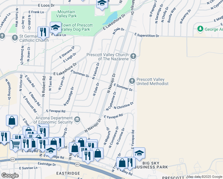 map of restaurants, bars, coffee shops, grocery stores, and more near 3549 North Navajo Drive in Prescott Valley