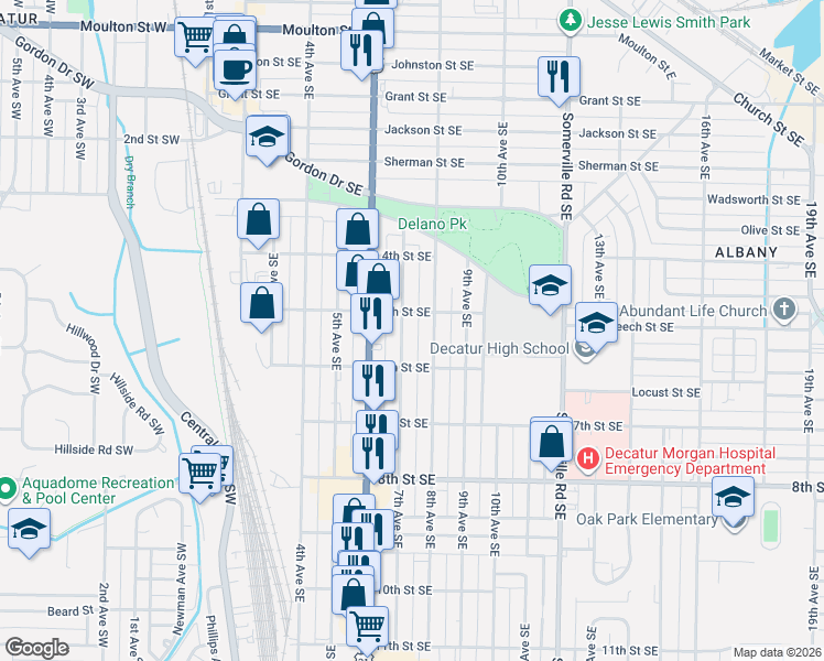map of restaurants, bars, coffee shops, grocery stores, and more near 908 7th Avenue Southeast in Decatur