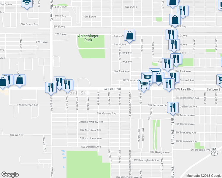 map of restaurants, bars, coffee shops, grocery stores, and more near 1612 Southwest Lee Boulevard in Lawton