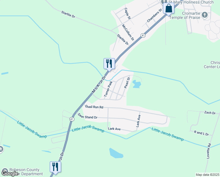 map of restaurants, bars, coffee shops, grocery stores, and more near 300 Pearl Street in Lumberton