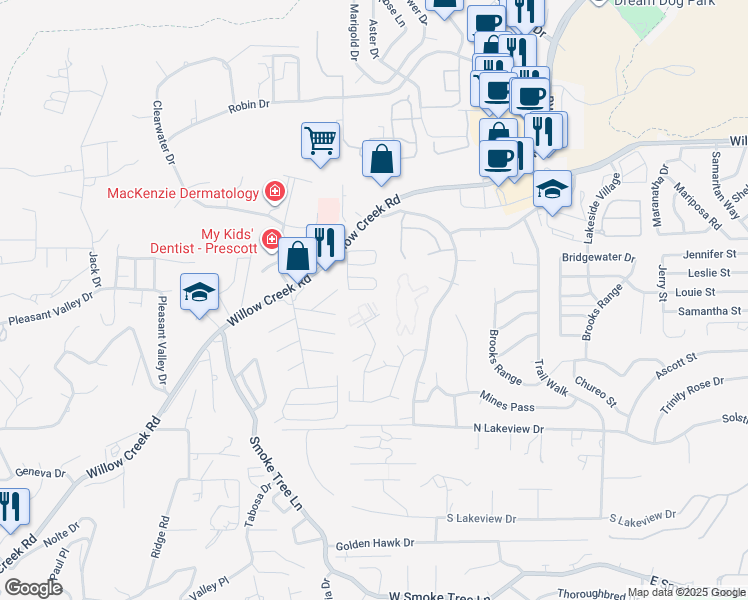 map of restaurants, bars, coffee shops, grocery stores, and more near 3220 Wasatch Court in Prescott