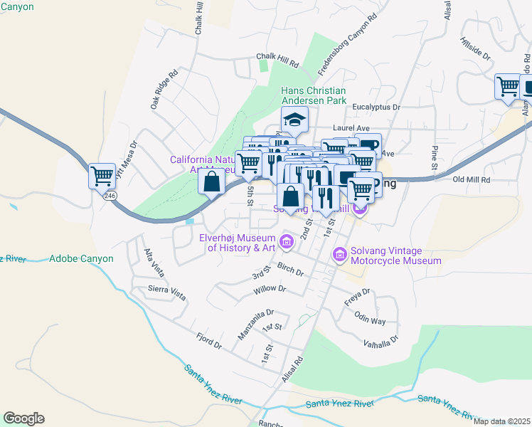 map of restaurants, bars, coffee shops, grocery stores, and more near 1547 Oak Street in Solvang