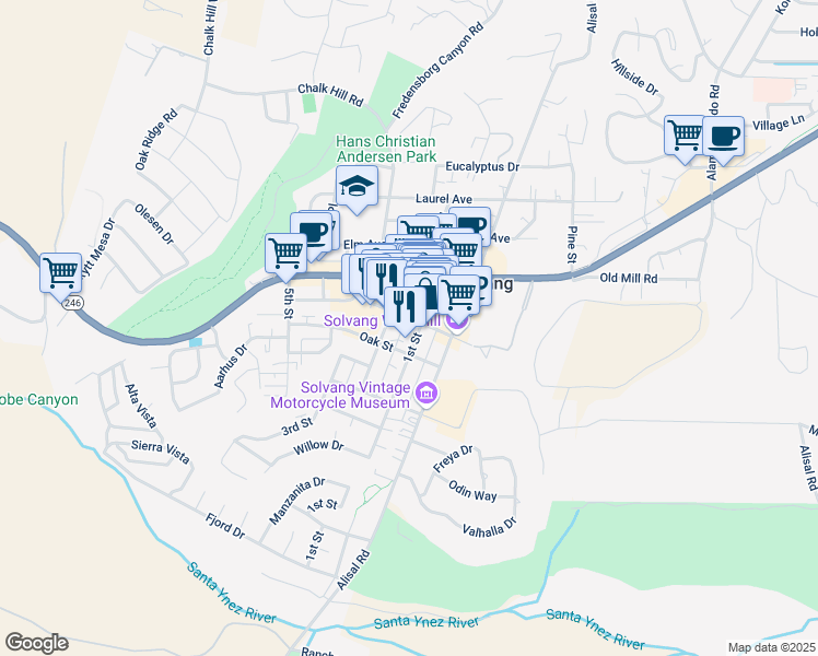 map of restaurants, bars, coffee shops, grocery stores, and more near 1618 Copenhagen Drive in Solvang