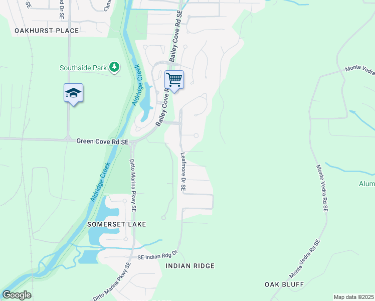 map of restaurants, bars, coffee shops, grocery stores, and more near 1306 Leafmore Circle Southeast in Huntsville