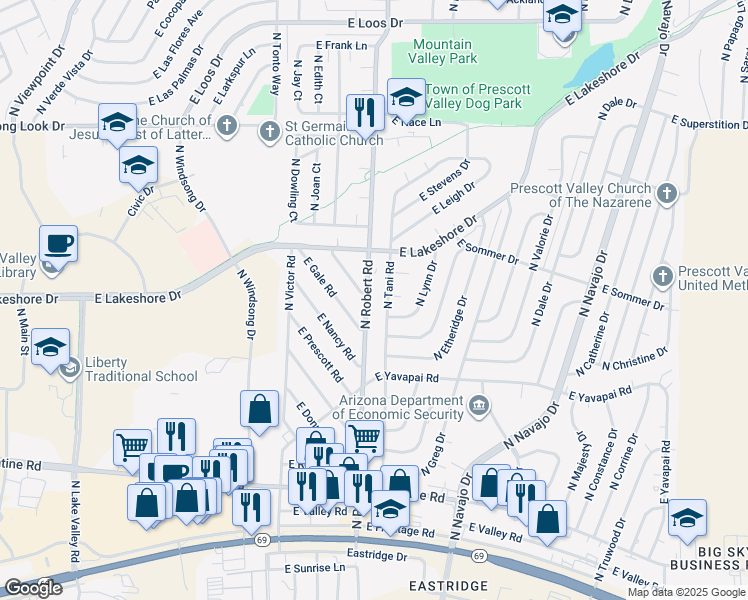 map of restaurants, bars, coffee shops, grocery stores, and more near 3557 N Robert Rd in Prescott Valley