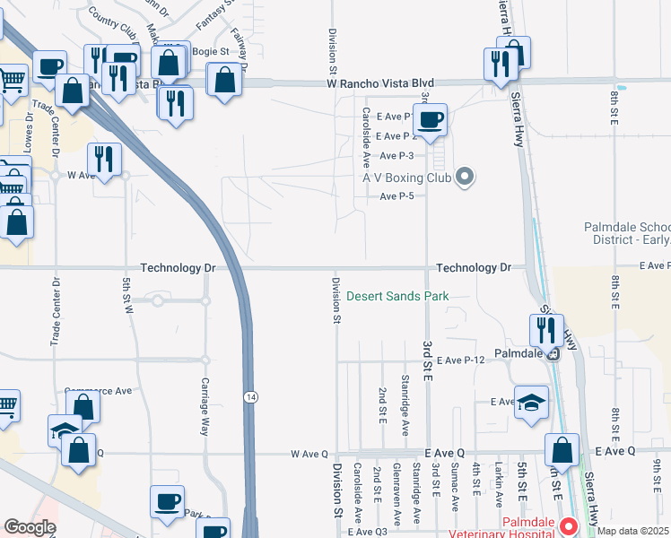 map of restaurants, bars, coffee shops, grocery stores, and more near Division Street in Palmdale
