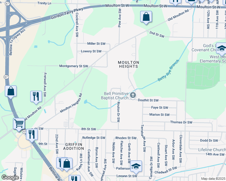 map of restaurants, bars, coffee shops, grocery stores, and more near 908 Bedford Drive Southwest in Decatur