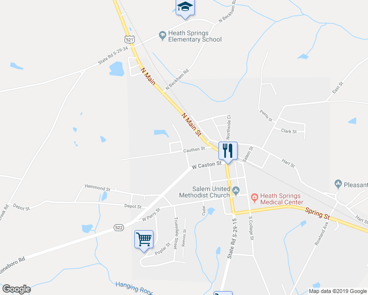 map of restaurants, bars, coffee shops, grocery stores, and more near 124 Cauthen Street in Heath Springs