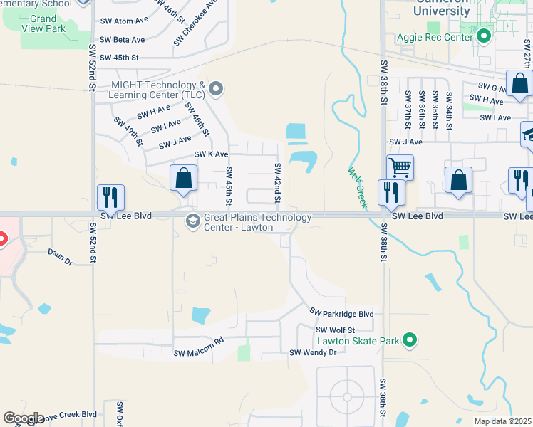 map of restaurants, bars, coffee shops, grocery stores, and more near 12602 Southwest Lee Boulevard in Lawton