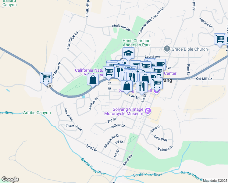 map of restaurants, bars, coffee shops, grocery stores, and more near 1531 Oak Street in Solvang