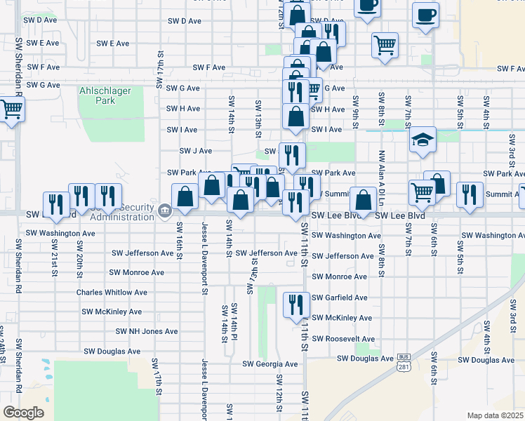map of restaurants, bars, coffee shops, grocery stores, and more near 1298 Southwest 13th Street in Lawton
