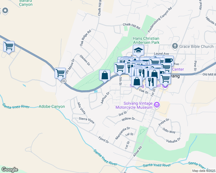 map of restaurants, bars, coffee shops, grocery stores, and more near 1493 Aarhus Drive in Solvang