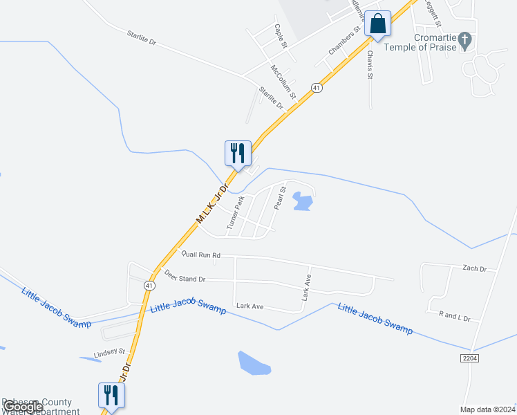 map of restaurants, bars, coffee shops, grocery stores, and more near 300 Pearl Street in Lumberton