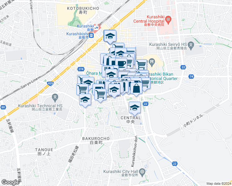 map of restaurants, bars, coffee shops, grocery stores, and more near in Kurashiki
