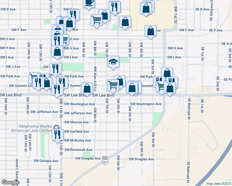 map of restaurants, bars, coffee shops, grocery stores, and more near 1111 Southwest 6th Street in Lawton