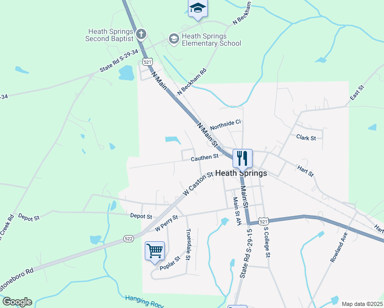 map of restaurants, bars, coffee shops, grocery stores, and more near 124 Cauthen Street in Heath Springs