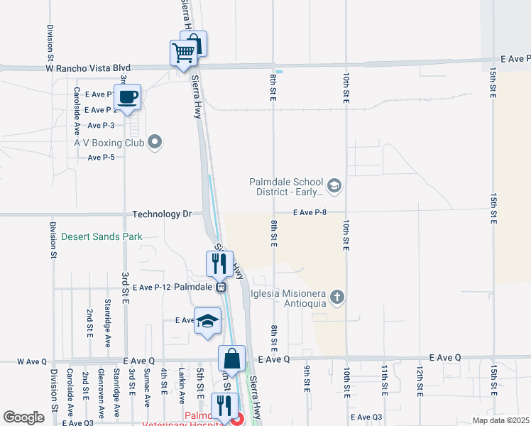 map of restaurants, bars, coffee shops, grocery stores, and more near West Avenue P8 in Palmdale