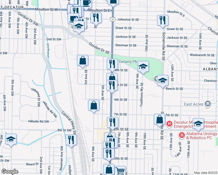 map of restaurants, bars, coffee shops, grocery stores, and more near 905 6th Ave SE in Decatur