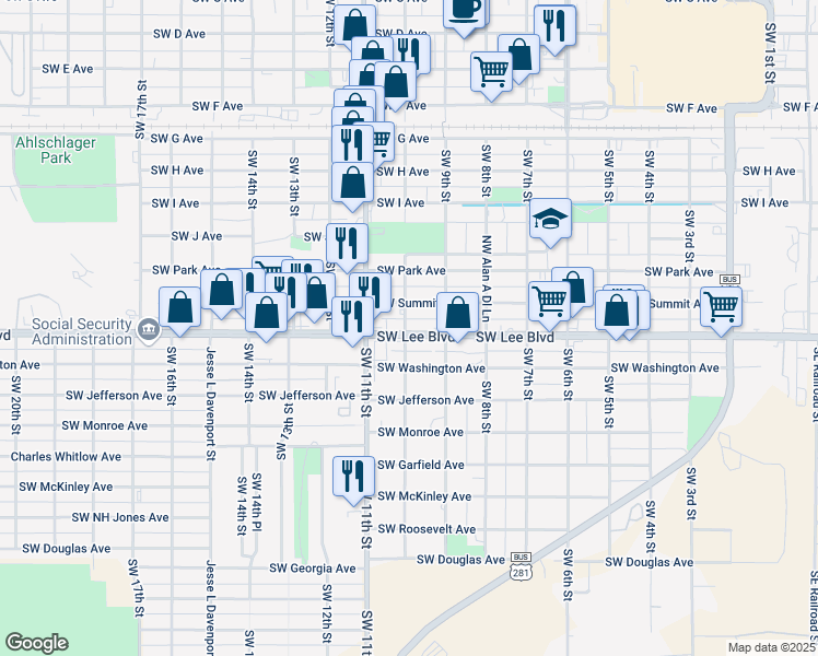 map of restaurants, bars, coffee shops, grocery stores, and more near 915 Southwest Lee Boulevard in Lawton