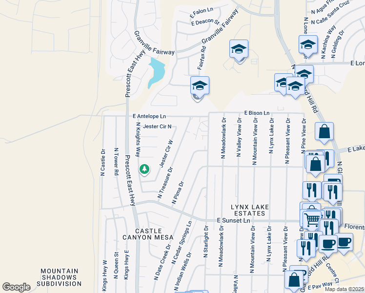 map of restaurants, bars, coffee shops, grocery stores, and more near 3607 North Treasure Drive in Prescott Valley