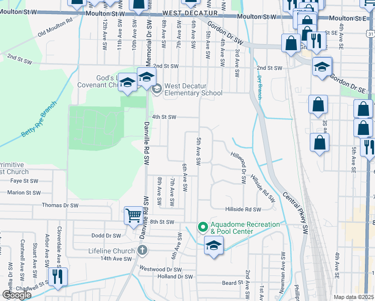 map of restaurants, bars, coffee shops, grocery stores, and more near 910 6th Avenue Southwest in Decatur