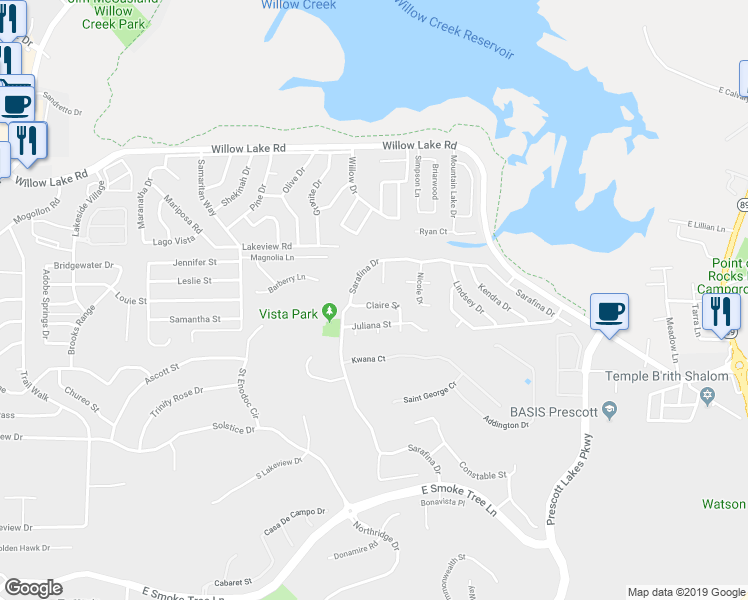 map of restaurants, bars, coffee shops, grocery stores, and more near 1710 Claire Street in Prescott