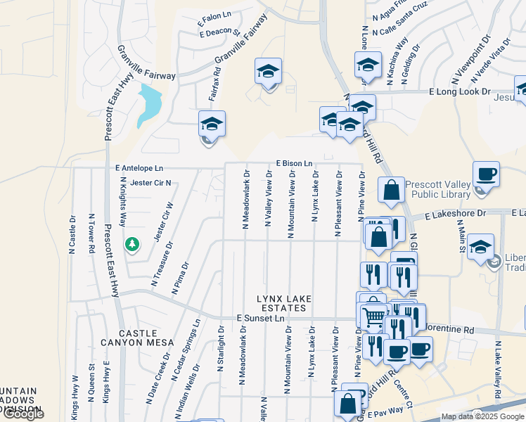 map of restaurants, bars, coffee shops, grocery stores, and more near 3600 North Valley View Drive in Prescott Valley