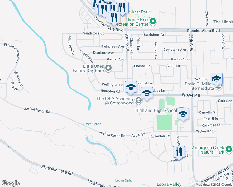map of restaurants, bars, coffee shops, grocery stores, and more near 3102 Hampton Road in Palmdale