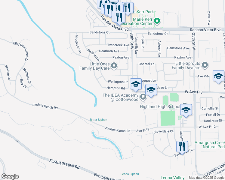 map of restaurants, bars, coffee shops, grocery stores, and more near 3130 Hampton Road in Palmdale