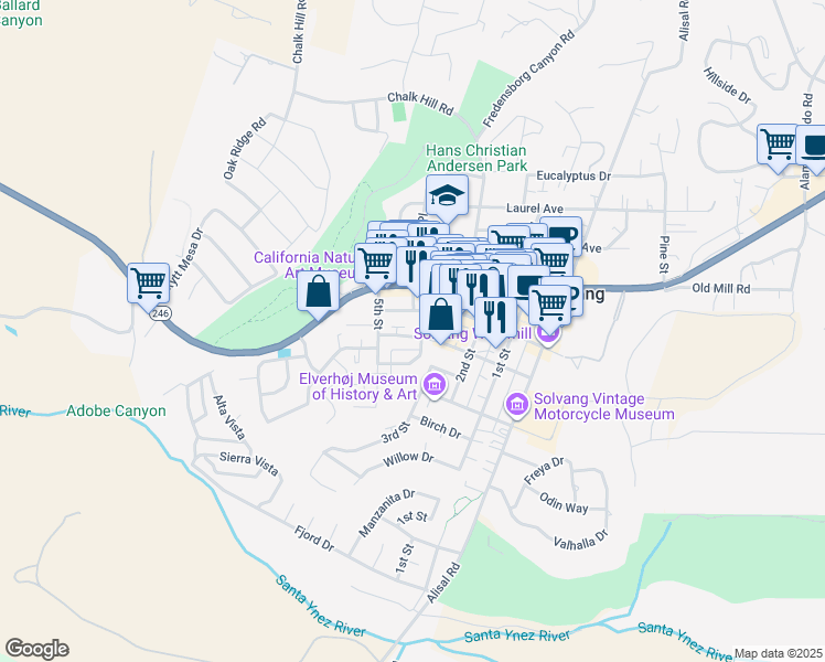 map of restaurants, bars, coffee shops, grocery stores, and more near 1547 Oak Street in Solvang