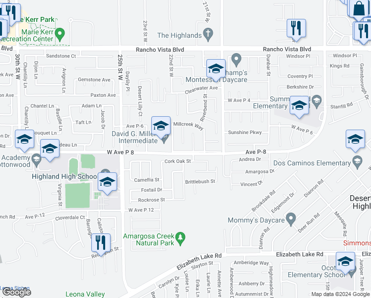 map of restaurants, bars, coffee shops, grocery stores, and more near 2139 West Avenue P8 in Palmdale