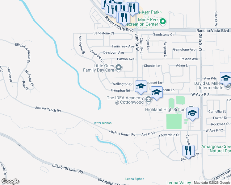 map of restaurants, bars, coffee shops, grocery stores, and more near 3152 Hampton Road in Palmdale
