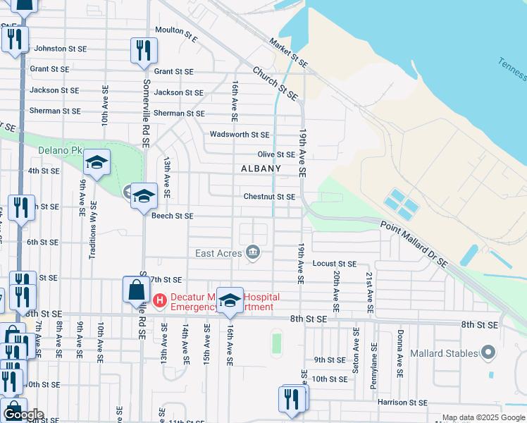 map of restaurants, bars, coffee shops, grocery stores, and more near 1622 Beech Street Southeast in Decatur