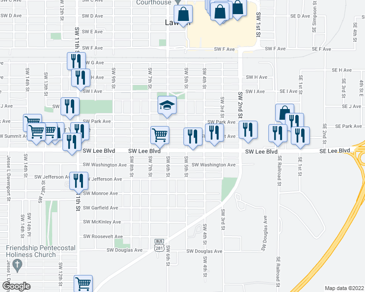 map of restaurants, bars, coffee shops, grocery stores, and more near 501 Southwest Lee Boulevard in Lawton