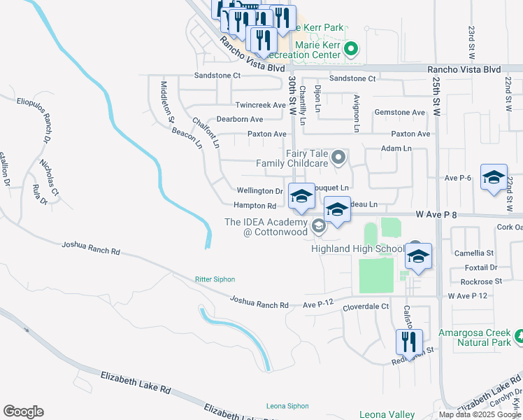 map of restaurants, bars, coffee shops, grocery stores, and more near 3102 Hampton Road in Palmdale