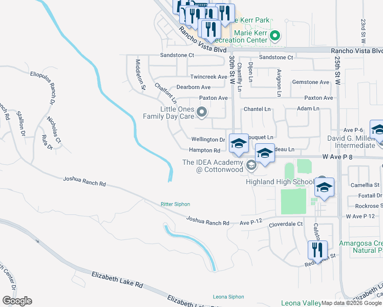 map of restaurants, bars, coffee shops, grocery stores, and more near 3152 Hampton Road in Palmdale