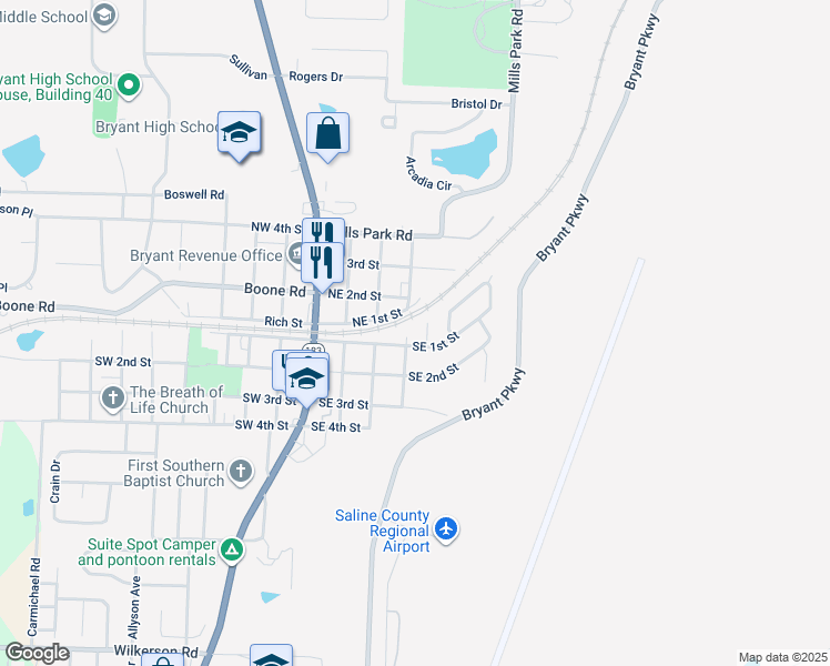 map of restaurants, bars, coffee shops, grocery stores, and more near 401 Southeast 1st Street in Bryant