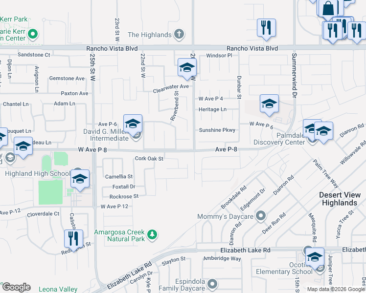 map of restaurants, bars, coffee shops, grocery stores, and more near 2025 West Avenue P8 in Palmdale