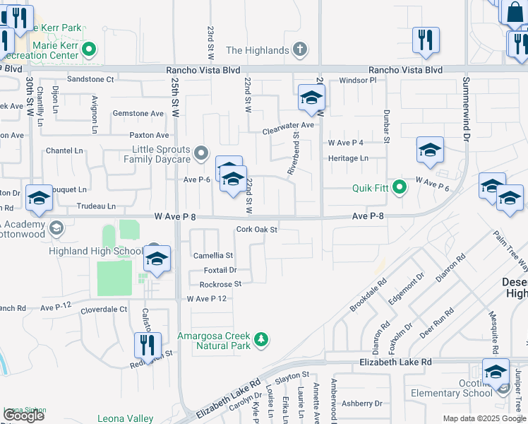 map of restaurants, bars, coffee shops, grocery stores, and more near 2139 West Avenue P8 in Palmdale